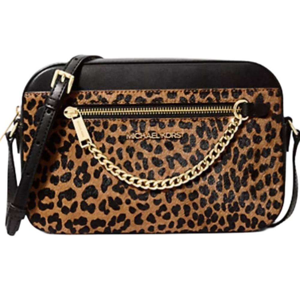 Michael Kors Leopard Print Calf Hair Large Jet Set Crossbody Bag